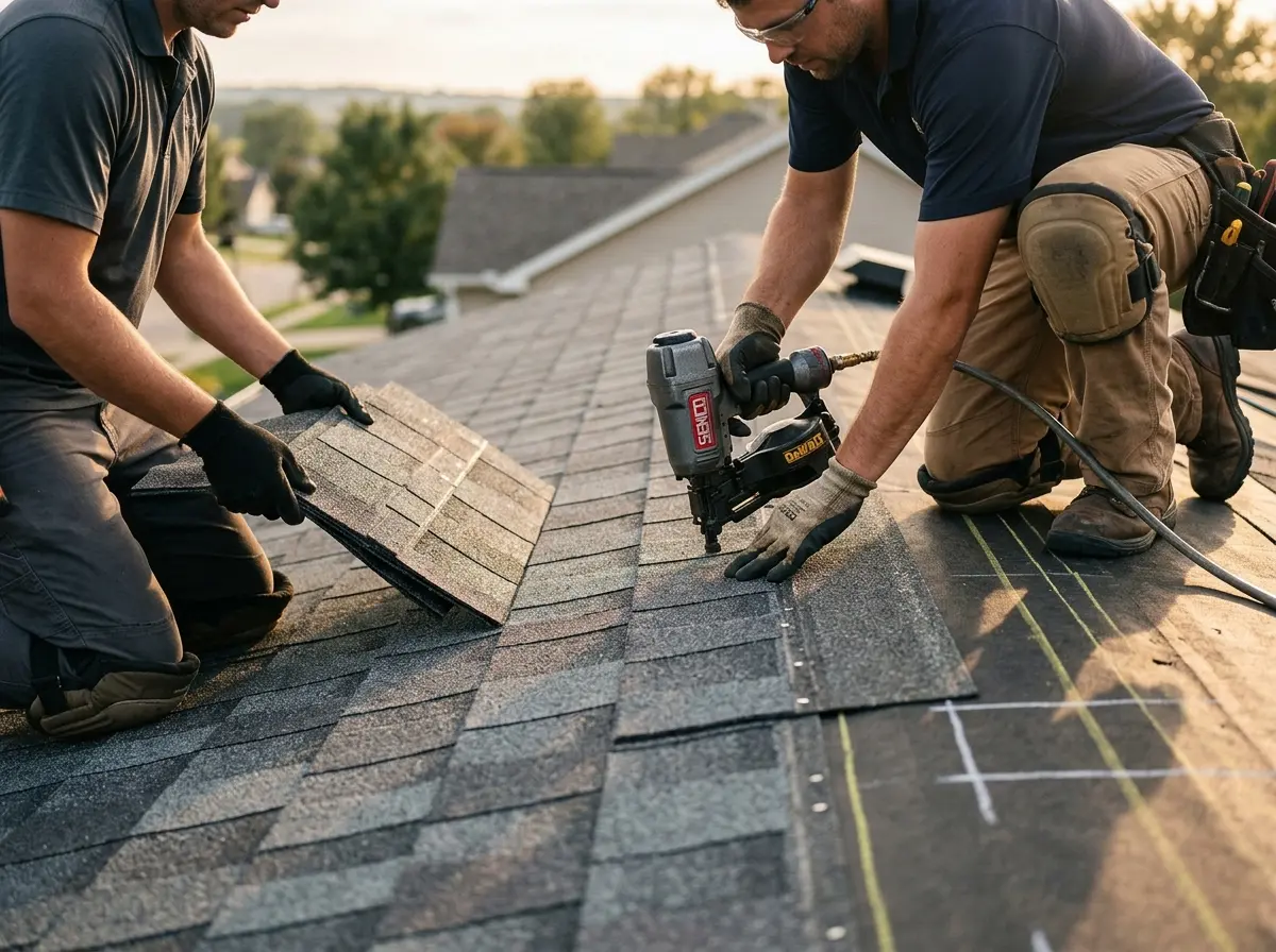 Professional roofer working on a residential roof in Cherokee Village